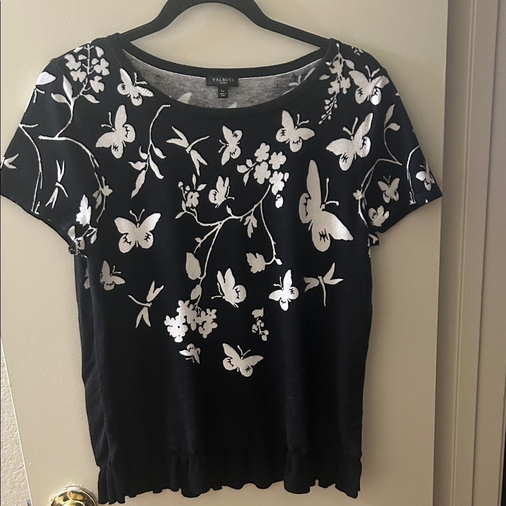 Talbots Monochrome Butterfly Floral Tee